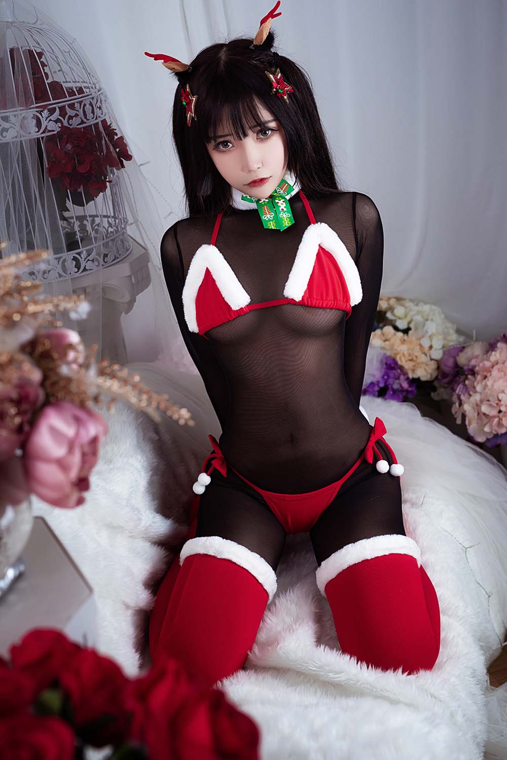 抱走莫子aa – 比基尼 连体黑丝圣诞 Cosplay-第1张