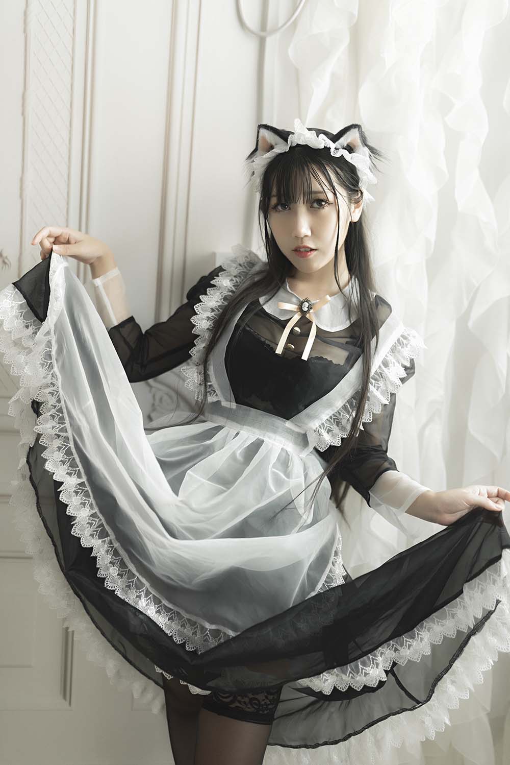 不呆猫 – 透明黑丝女仆 Cosplay-第2张