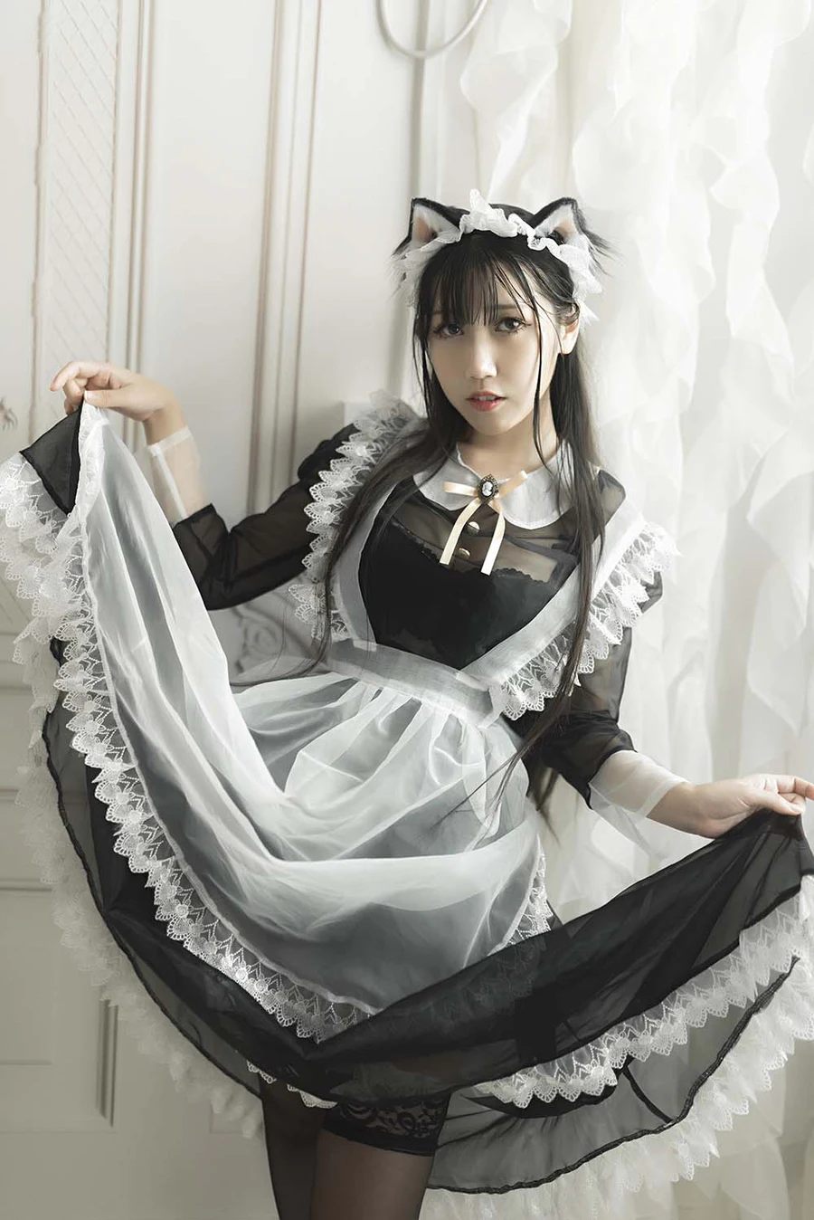 不呆猫 – 透明黑丝女仆 Cosplay-第2张