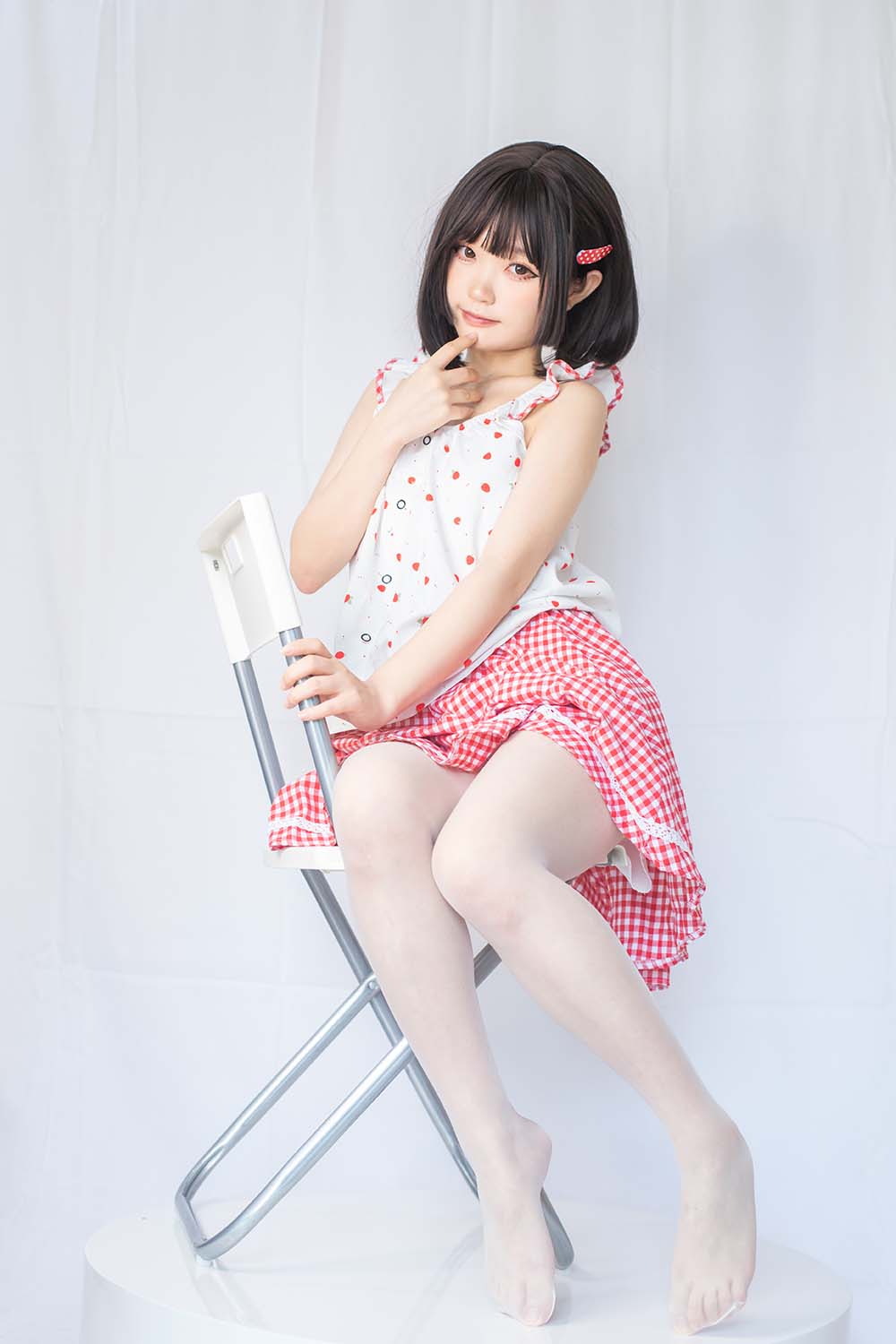 神沢永莉 – 粉色格子裙 Cosplay-第1张