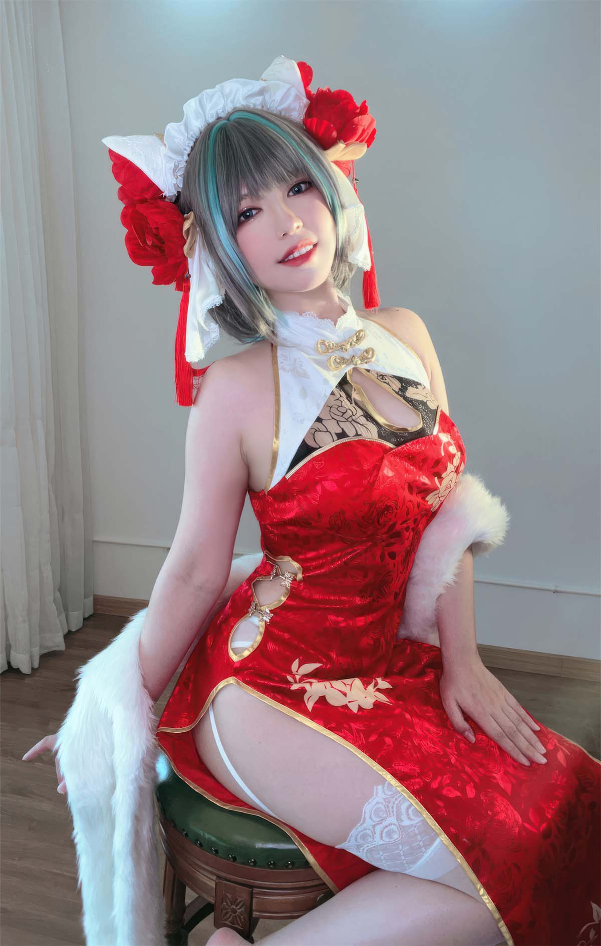半半子 – 柴郡中华娘旗袍 Cosplay-第1张