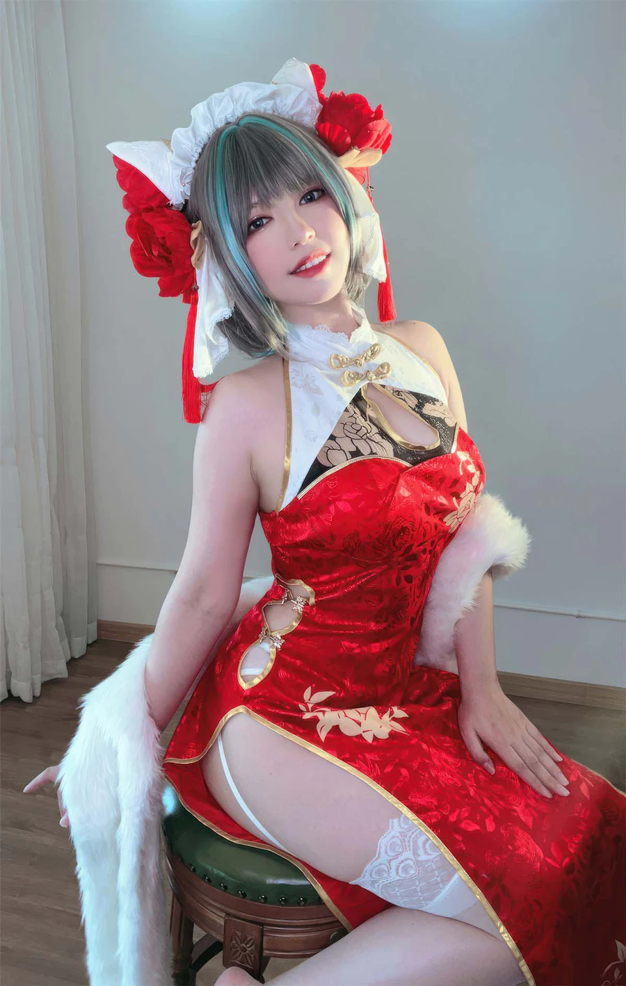 半半子 – 柴郡中华娘旗袍 Cosplay-第1张